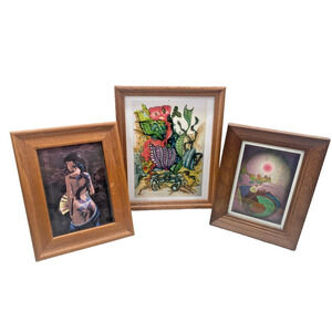 Asian Prints W/Frames Lot Of 3 Vintage Oriental Style Mid Century Felt Print Art